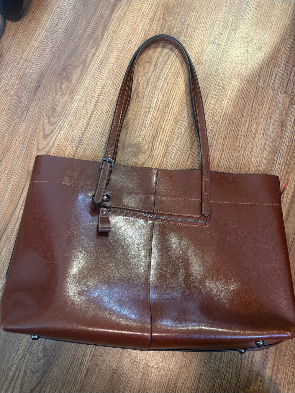 Women's Brown Leather Tote Handbag with Front Zip Pocket